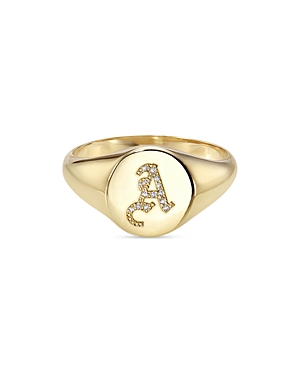 Zoe Lev 14k Yellow Gold Diamond Gothic Initial Small Signet Ring