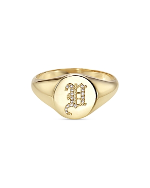 Zoe Lev 14k Yellow Gold Diamond Gothic Initial Small Signet Ring In V