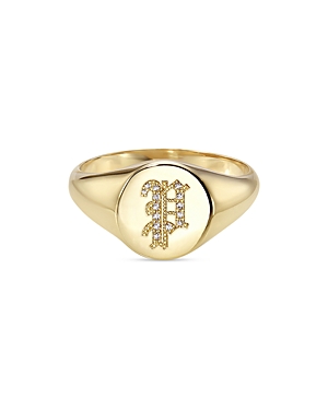 Zoe Lev 14k Yellow Gold Diamond Gothic Initial Small Signet Ring In P