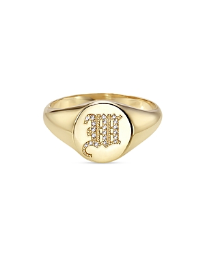 Zoe Lev 14k Yellow Gold Diamond Gothic Initial Small Signet Ring In W