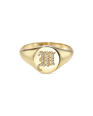 Zoe Lev 14k Yellow Gold Diamond Gothic Initial Small Signet Ring
