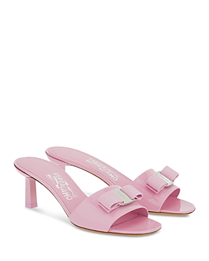 Ferragamo Iconic Vara Bow Patent Leather Sandals For Women In Bubble Gum