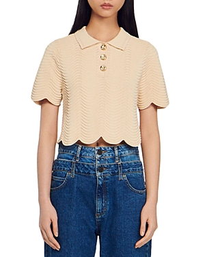 SANDRO CAMPEA WAVY KNIT CROPPED POLO SWEATER