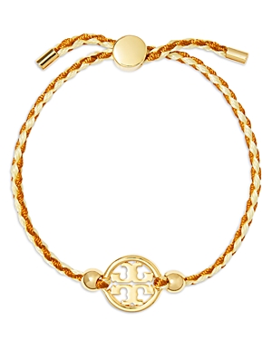 Tory Burch Miller Logo Charm Braided Cord Slider Bracelet In 18k Gold Plated In Orange/gold