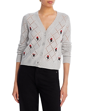 C By Bloomingdale's Cashmere Floral Embroidered Diamond Pointelle Cashmere Cardigan - 100% Exclusive In Light Gray