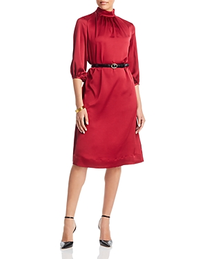 Misook Ruched Mock-neck Blouson-sleeve Midi Dress In Scarlet Red