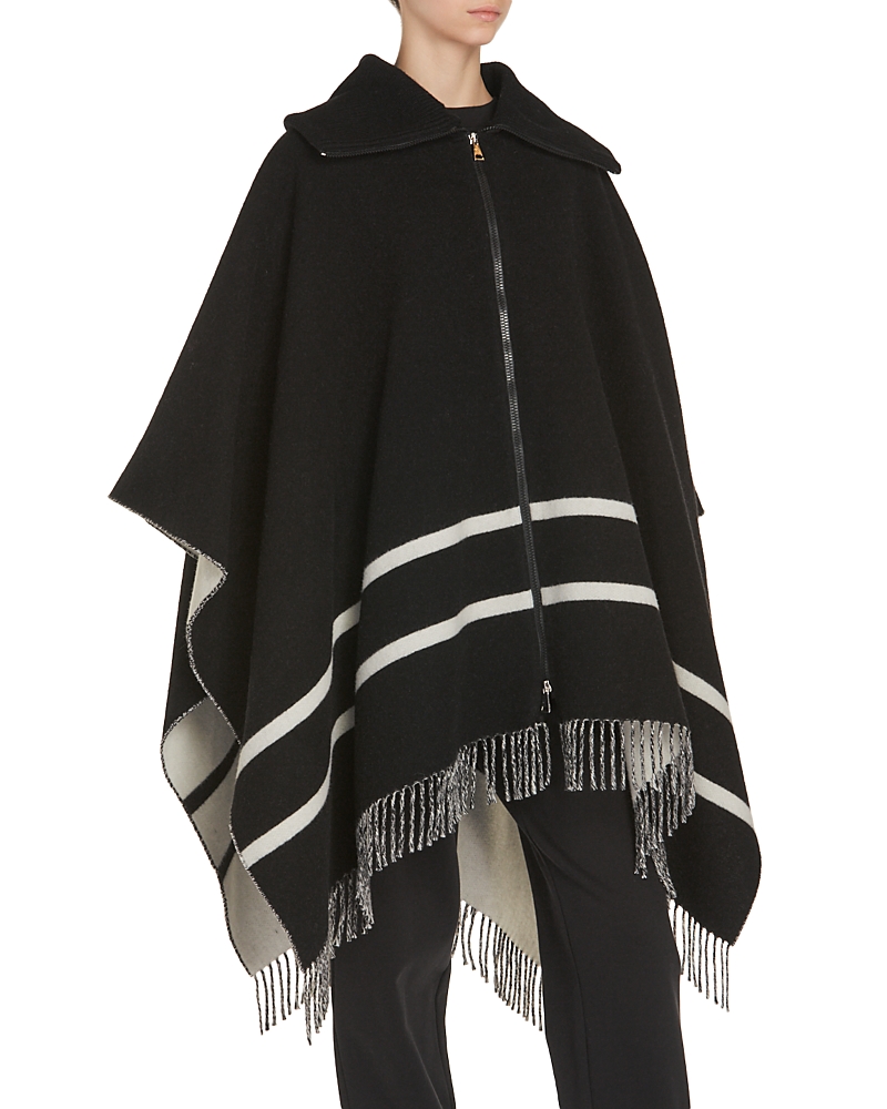 Moncler Fringed Striped Wool-blend Jacquard Poncho In Black