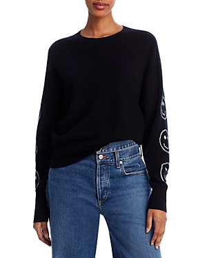 Aqua Cashmere Smiley Face Intarsia Crewneck Cashmere Sweater - 100% Exclusive In Black/ivory