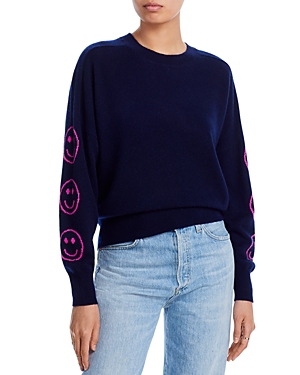 Aqua Cashmere Smiley Face Intarsia Crewneck Cashmere Sweater - 100% Exclusive In Peacoat