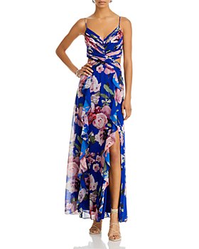 AQUA - Long Floral Print Ruched Dress - 100% Exclusive