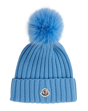 Moncler Ribbed Wool Pompom Hat In Blue