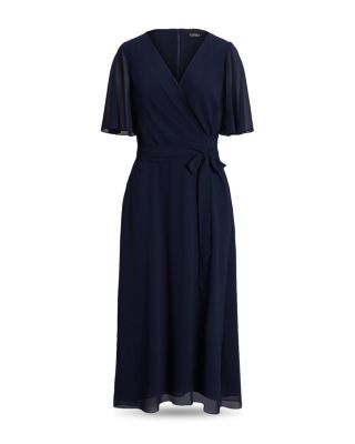 belted georgette short-sleeve dress Lauren Ralph Lauren Georgette Surplice V-Neck Short Sleeve Belted Midi Dress