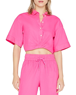 Frame Twist-front Linen-blend Cropped Shirt In Flamingo