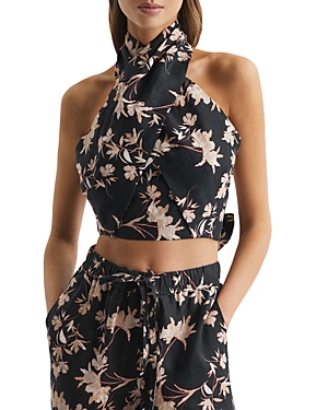 Reiss Black/blush Printed 100% Linen Halter Neck Cropped Top In Black/blush