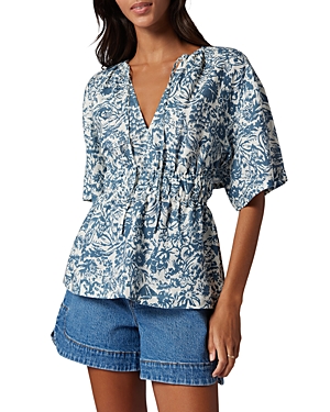 Shop Joie Renae Linen Floral Top In Porcelain And Indian Teal
