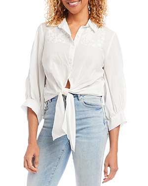 Shop Karen Kane Embroidered Tie Front Cotton Shirt In Off White