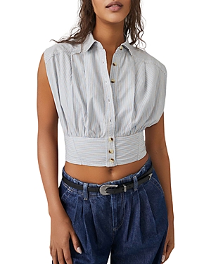 FREE PEOPLE CASSIE COTTON STRIPED CROPPED SHIRT