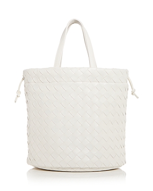 Shop Bottega Veneta Small Castello Intreccio Leather Bucket Bag In White