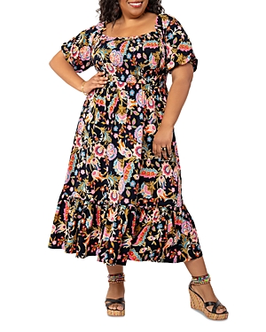 Leota Plus Kelly Lips Print Midi Dress In Folklore Floral Black Multi
