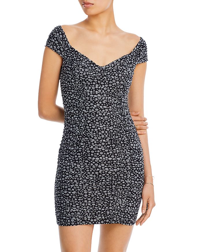 Swept Away Off-The-Shoulder Charming Ruched Mini Dress
