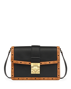 Shop Mcm Tracy Small Leather Shoulder Bag In Black/gold