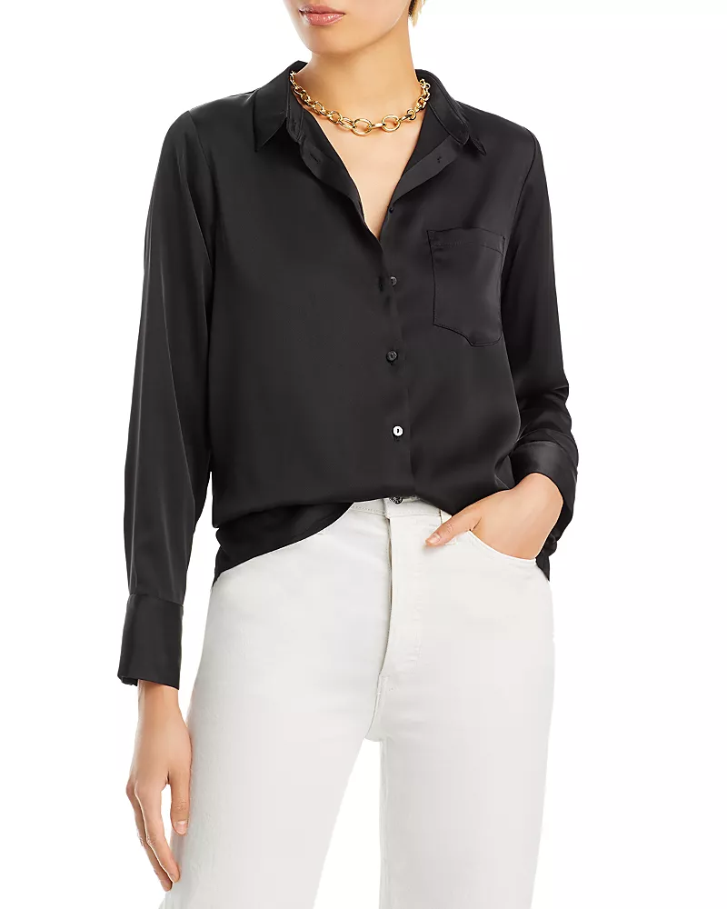 Aqua Satin Button Front Blouse - Exclusive