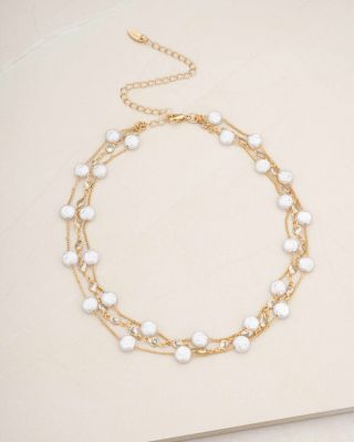 Dressed In Pearls Cubic Zirconia & Imitation Pearl Layered Collar Necklace in 18K Gold Plated, 15"-20"