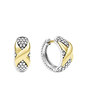 Shop Lagos 18k Yellow Gold & Sterling Silver Embrace X Caviar Bead Small Hoop Earrings In Silver/gold