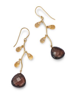 Citrine &amp; Smokey Quartz  Vine Drop Earrings in 14K Yellow Gold
