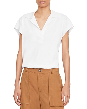 Vince Shirred Band Collar Linen-blend Top In Optic White