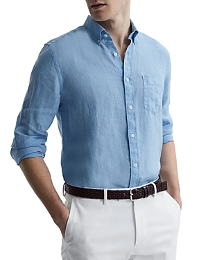 Reiss Mens Powder Blue Queens Slim-fit Long-sleeved Linen Oxford Shirt In Powder Blue