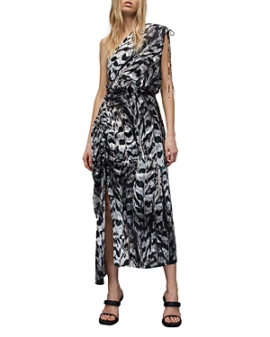 Allsaints Laura Ines Print One-shoulder Midi Dress In White Mono