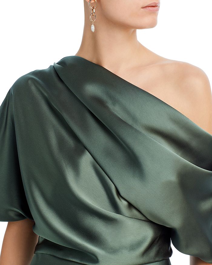 Shop Amsale Draped Satin One Shoulder Dress In Olive