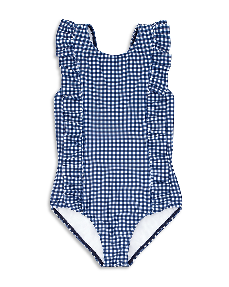 Shop Minnow Girls' Gingham Ruffled One Piece Swimsuit - Baby, Little Kid, Big Kid In Navy