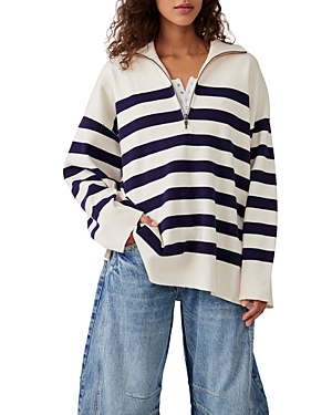 Free People Coastal Stripe Pullover Sweater In Champagne Navy Combo