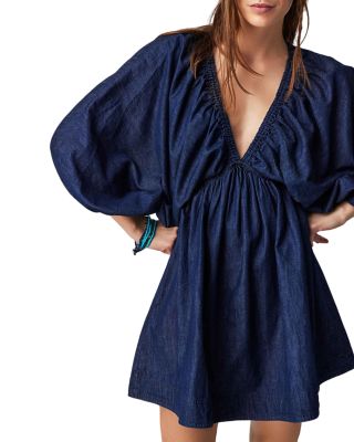 Free People Hannah Long Sleeve Mini Dress In Light Wash In Indigo Dark  Rinse | ModeSens