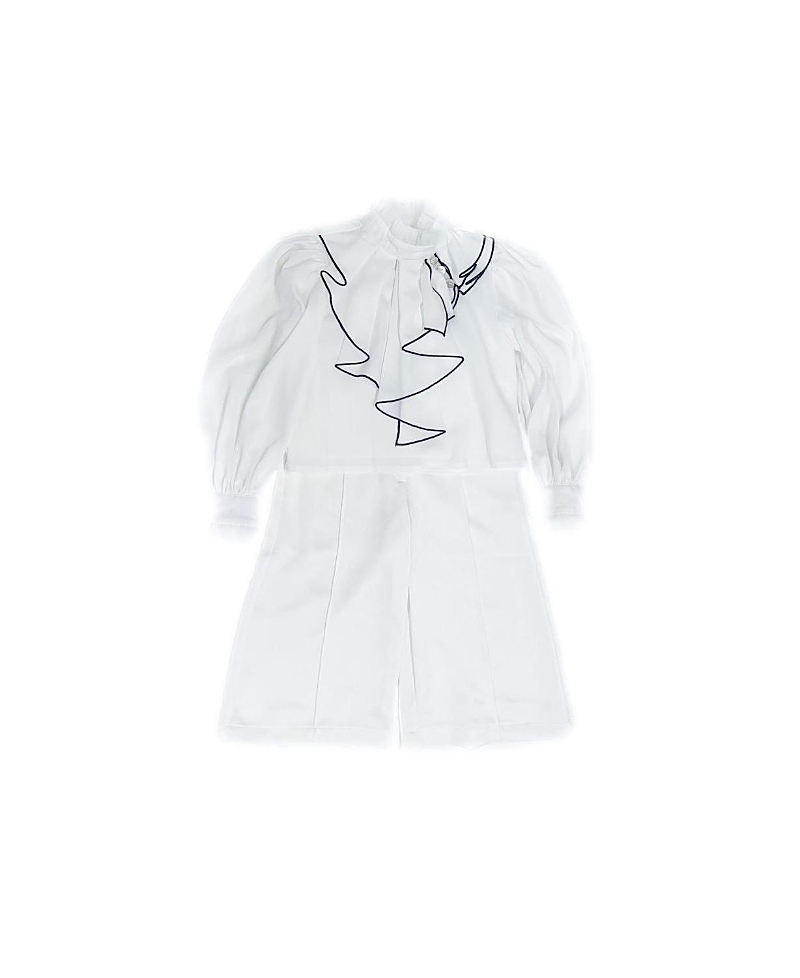 Petite Maison Girls' White Gwen Blouse Set With Cascading Black Trim Ruffle And Wide-leg Pants - Baby, Little Kid, In White
