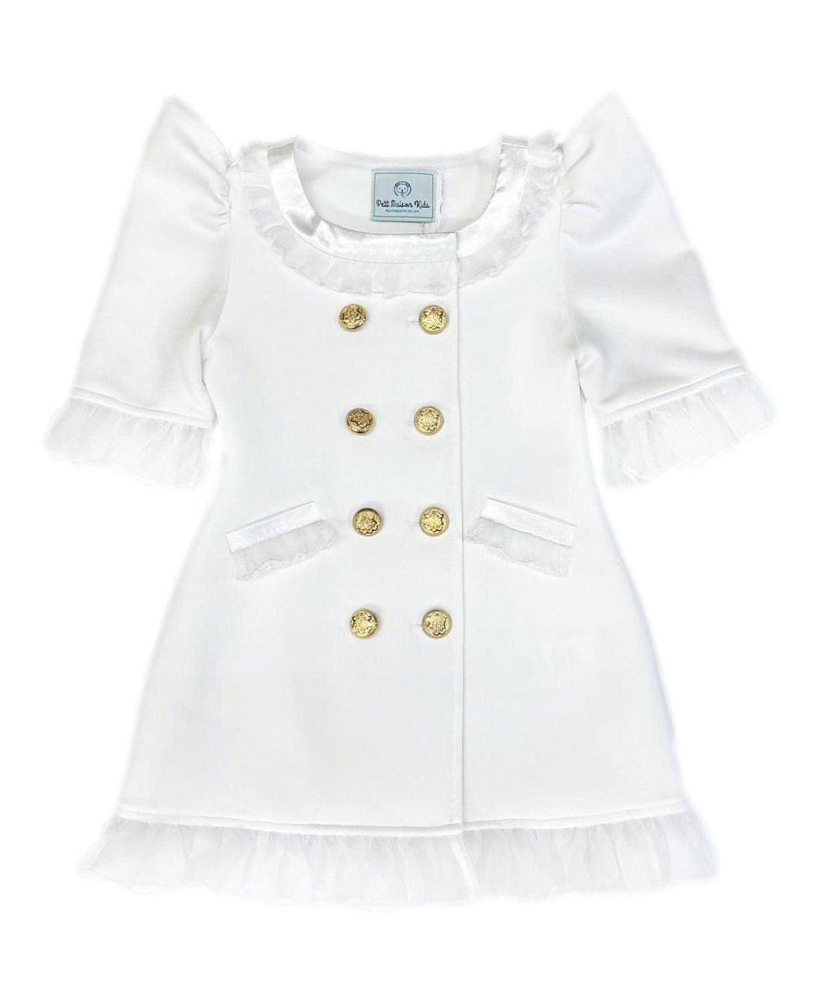 Petite Maison Kids Girls' White Tuxedo Style Dress with Gold-Tone Hardware Buttons - Baby, Little Kid, Big Kid