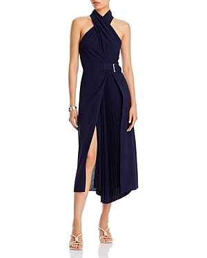Shop A.l.c Fiona Pleated Belted Halter Dress In Evening Blue