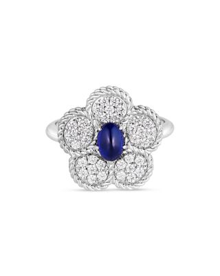 18K White Gold Daisy Blue Sapphire &amp; Diamond Flower Ring - Exclusive