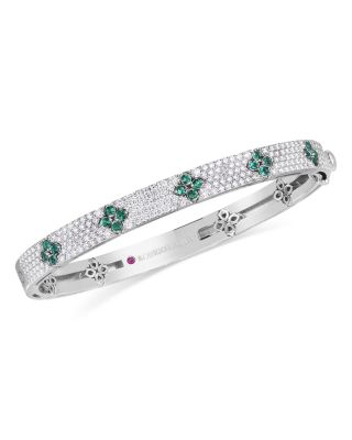 18K White Gold Love in Verona Emerald & Diamond Flower Bangle Bracelet
