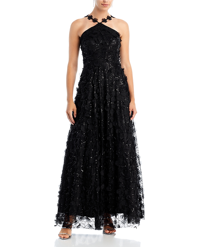 Eliza J Floating Flow Floral Sequin Halter Ballgown In Black
