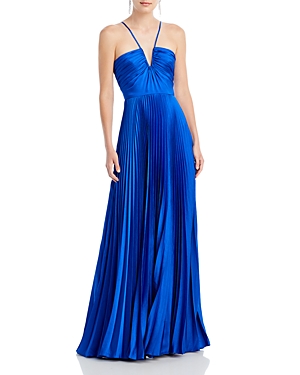 Shop ml Monique Lhuillier Satin Pleated Gown In Mineral Blue