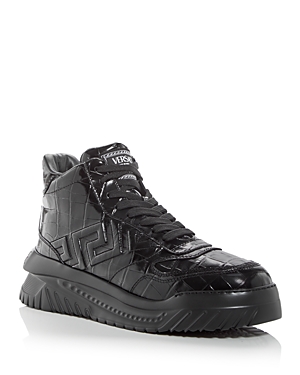 Versace Men's Odisssea Croc Embossed High Top Sneakers In Black