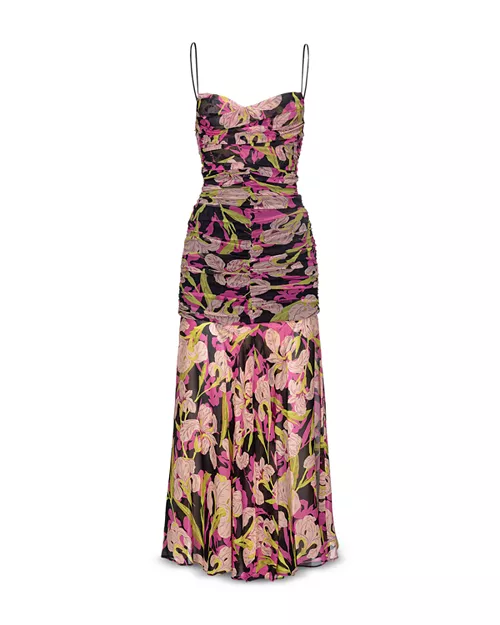 ruched mixed media slip midi dress