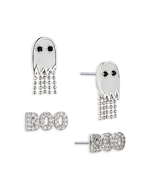 Nadri Ajoa By  Spooky Ghost & Boo Stud Earrings Set In Rhodium Plated In Silver