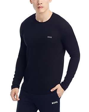 Hugo Boss Cotton Blend Waffle Knit Embroidered Logo Long Sleeve Tee In Black