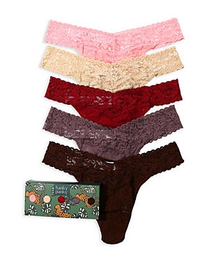 Hanky Panky 5 Pack Signature Lace Original Rise Thongs In Printed Box In Pink/sand