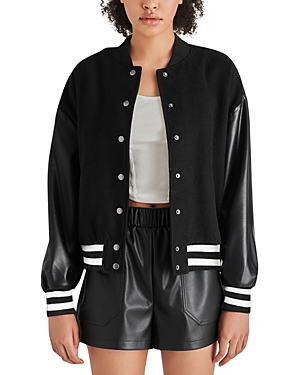 Steve Madden Alexander Faux Leather Sleeve Varsity Jacket In Black