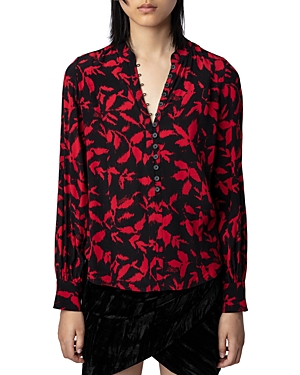 Zadig & Voltaire Twina Leaf-print Long-sleeve Shirt In Noir